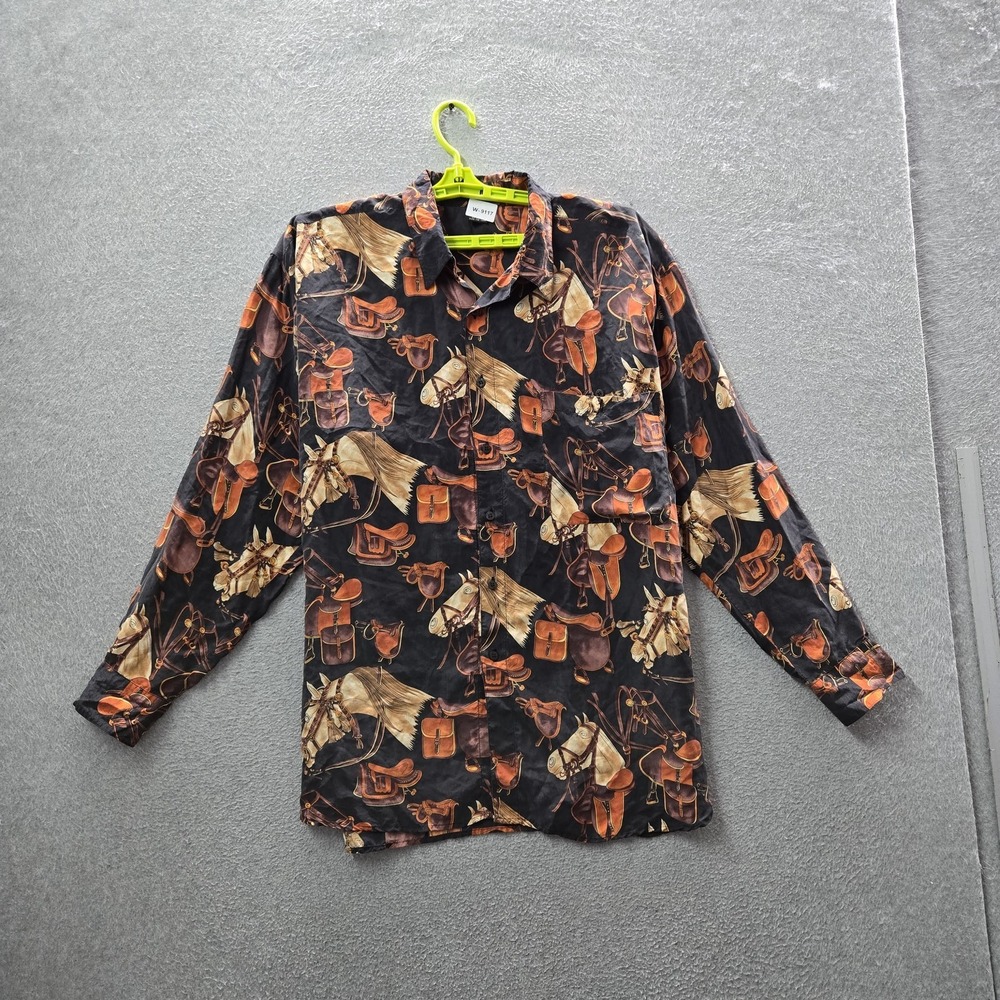 Silk Club Men Button Up Shirt L Black Silk Graphic Equestrian Gear Western